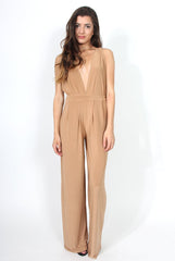 Jan Nude Deep V Neck Jumpsuit-Jumpsuits