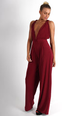 Jan Wine Deep V Jumpsuit-Jumpsuits