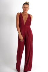 Jan Wine Deep V Jumpsuit-Jumpsuits