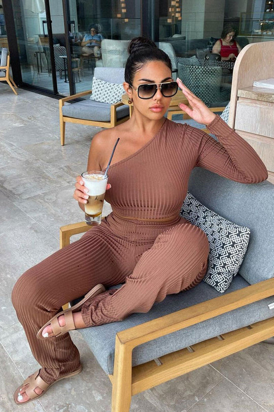Chocolate One Shoulder Crop Top & Trouser Set - Janece