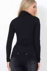 Jaro Black Ribbed Cowl Neck Top-Tops