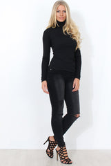 Jaro Black Ribbed Cowl Neck Top-Tops