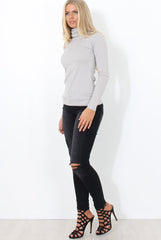 Jaro Grey Ribbed Cowl Neck Top-Tops