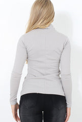 Jaro Grey Ribbed Cowl Neck Top-Tops