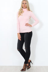 Jaro Pink Ribbed Cowl Neck Top-Tops