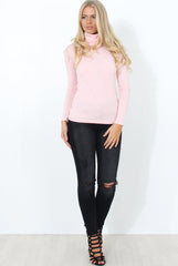 Jaro Pink Ribbed Cowl Neck Top-Tops