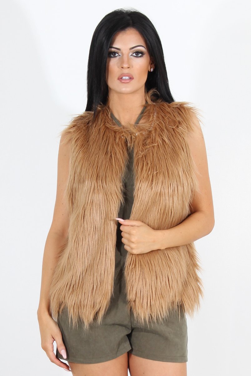 Jazmin Camel Faux Fur Gilet-Jackets