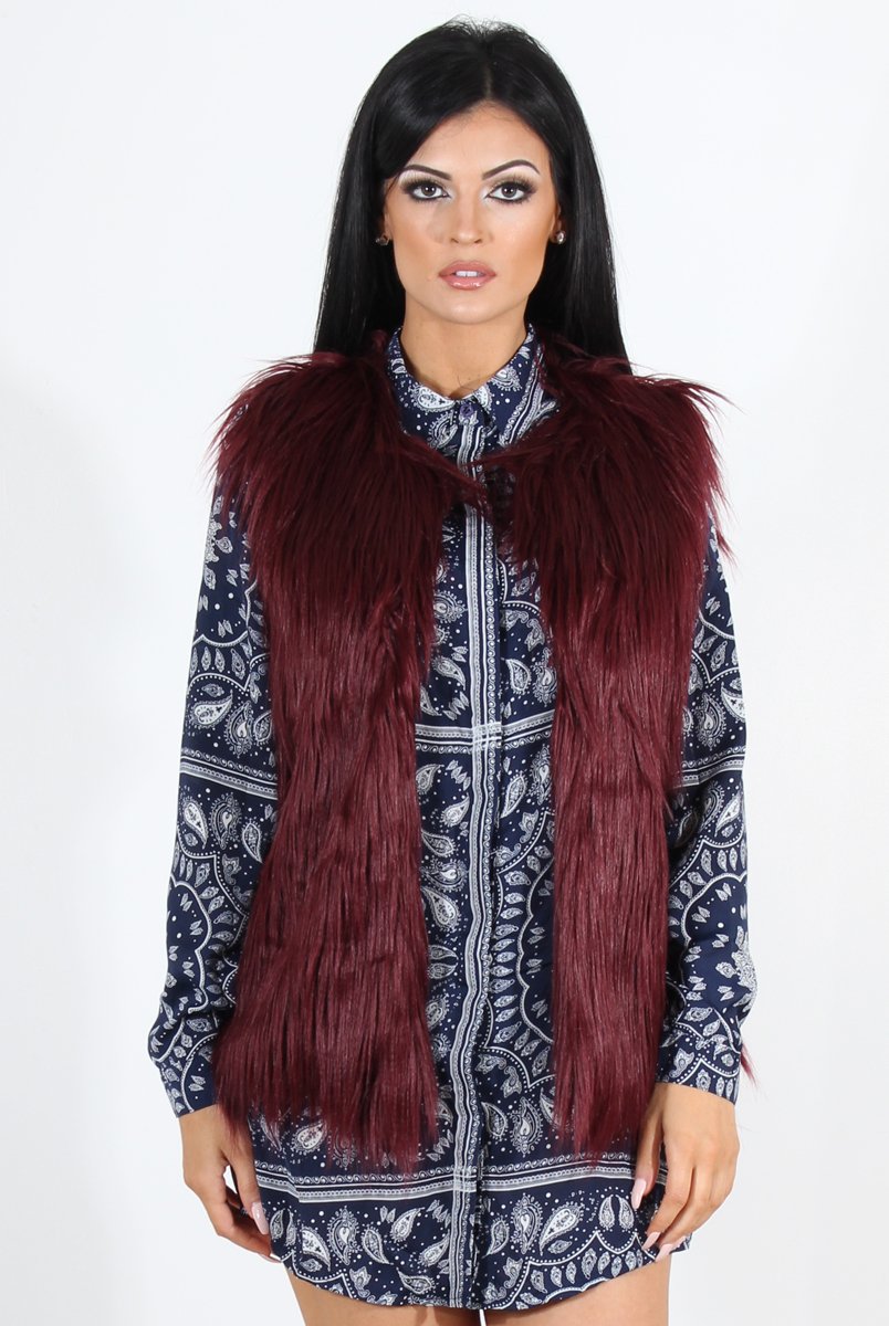 Jazmin Wine Faux Fur Gilet-Jackets