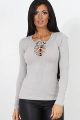 Jeena Grey Ribbed Tie Up Top-Tops