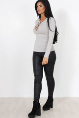 Jeena Grey Ribbed Tie Up Top-Tops