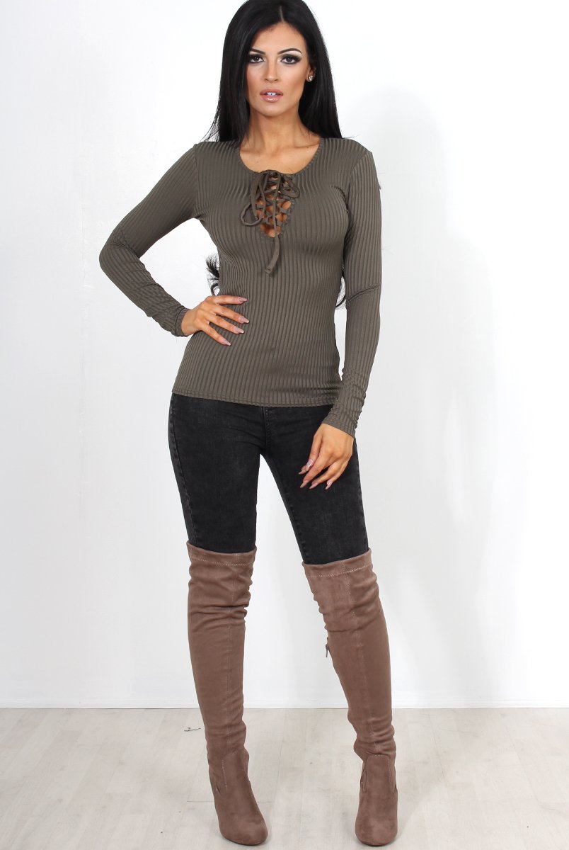 Jeena Khaki Tie Front Top-Tops