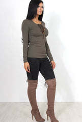 Jeena Khaki Tie Front Top-Tops