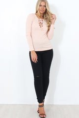 Jeena Nude Ribbed Tie Front Top-Tops