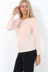 Jeena Nude Ribbed Tie Front Top-Tops