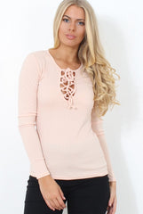Jeena Nude Ribbed Tie Front Top-Tops