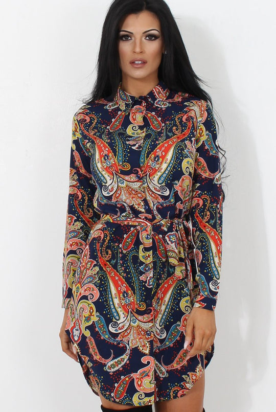 Jennifer Navy Paisley Print Shirt Dress