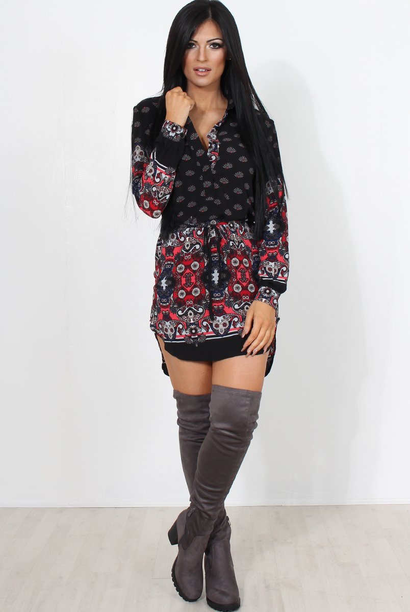 Jilema Black Paisley Print Shirt Dress-Dresses