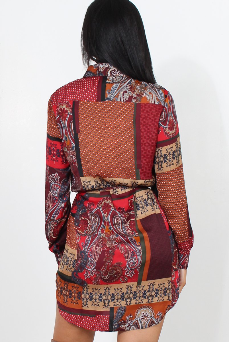 Jilema Rust Paisley Print Shirt Dress-Dresses
