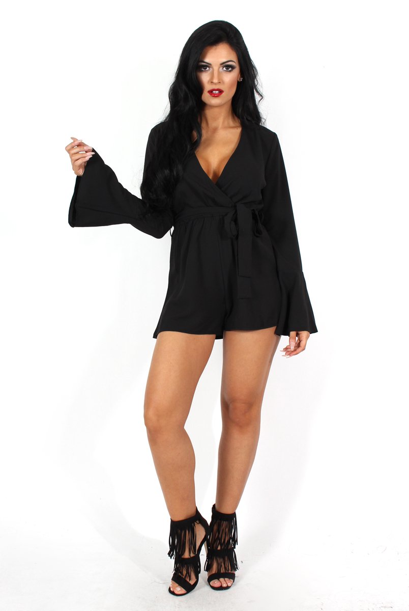 Julia Black Bell Sleeve Tie Waist Playsuit-Playsuits