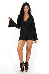 Julia Black Bell Sleeve Tie Waist Playsuit-Playsuits