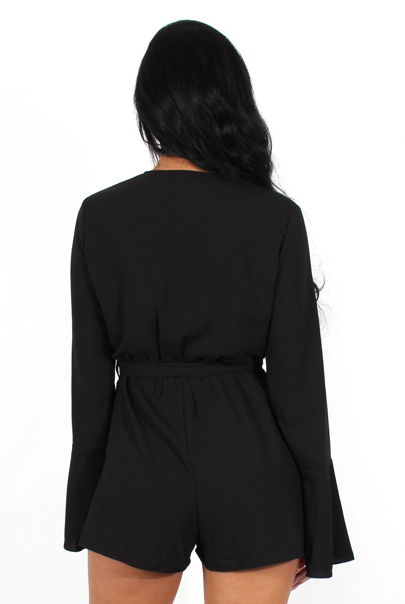 Julia Black Bell Sleeve Tie Waist Playsuit-Playsuits