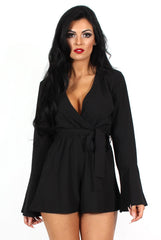 Julia Black Bell Sleeve Tie Waist Playsuit-Playsuits