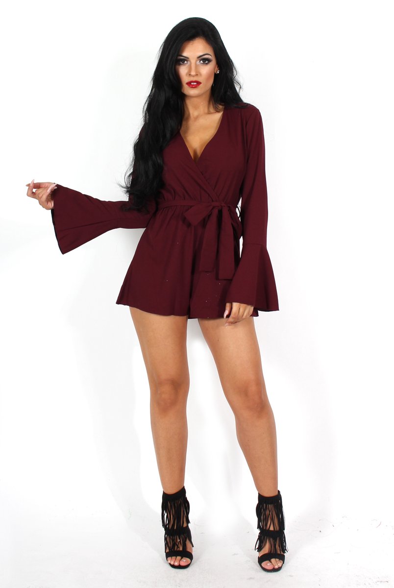 Julia Burgundy Bell Sleeve Tie Playsuit-Playsuits