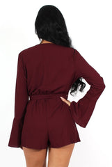 Julia Burgundy Bell Sleeve Tie Playsuit-Playsuits