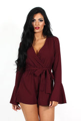 Julia Burgundy Bell Sleeve Tie Playsuit-Playsuits
