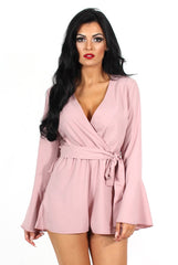 Julia Mauve Bell Sleeve Tie Waist Playsuit-Playsuits
