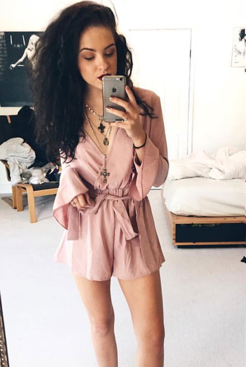 Julia Mauve Bell Sleeve Tie Waist Playsuit-Playsuits