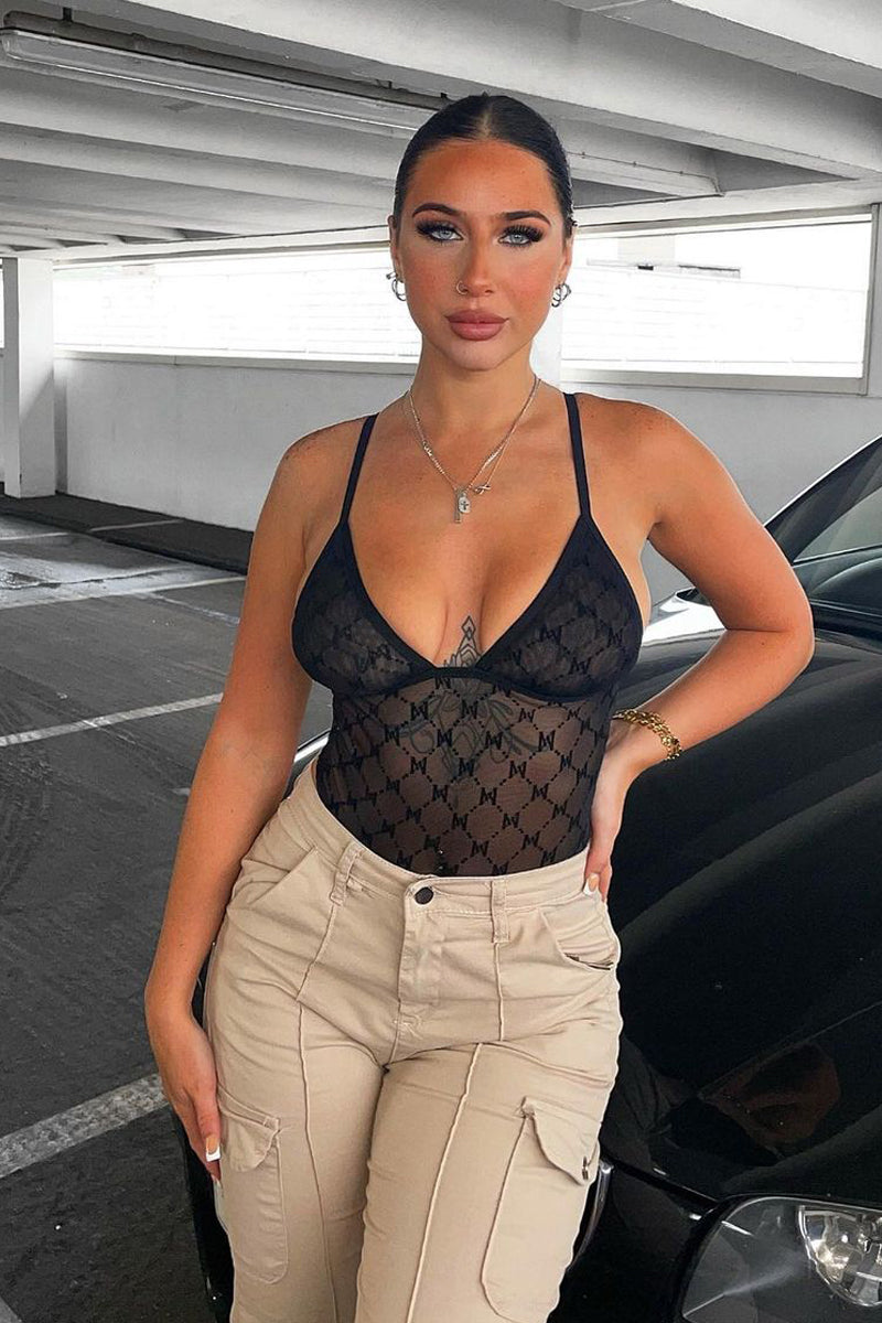 Black Mesh Flock Print Bodysuit - Julie