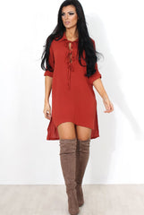 Juni Rust Lace Up Side Split Shirt Dress-Dresses