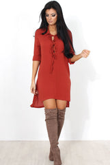 Juni Rust Lace Up Side Split Shirt Dress-Dresses