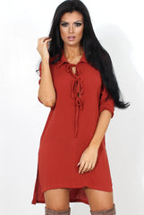Juni Rust Lace Up Side Split Shirt Dress-Dresses