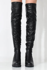 Juno Black PU Over The Knee Boots-Boots