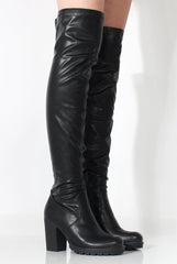 Juno Black PU Over The Knee Boots-Boots