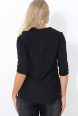 Juran Black Zip Front Ribbed Top-Tops