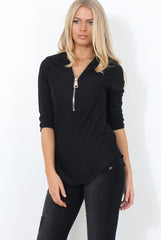 Juran Black Zip Front Ribbed Top-Tops