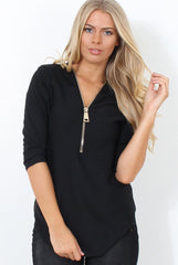 Juran Black Zip Front Ribbed Top-Tops