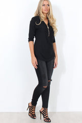 Juran Black Zip Front Ribbed Top-Tops