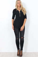 Juran Black Zip Front Ribbed Top-Tops