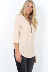Juran Nude Zip Front Ribbed Top-Tops