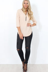 Juran Nude Zip Front Ribbed Top-Tops