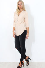 Juran Nude Zip Front Ribbed Top-Tops