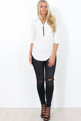 Juran White Zip Front Ribbed Top-Tops
