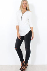 Juran White Zip Front Ribbed Top-Tops
