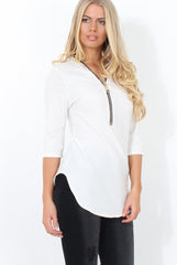 Juran White Zip Front Ribbed Top-Tops