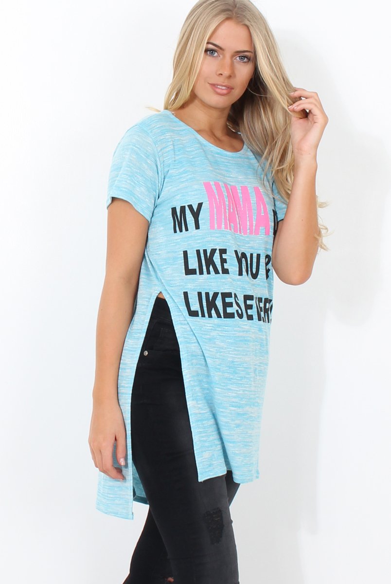 Justina Blue Slogan Side Split Top-Tops