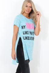 Justina Blue Slogan Side Split Top-Tops